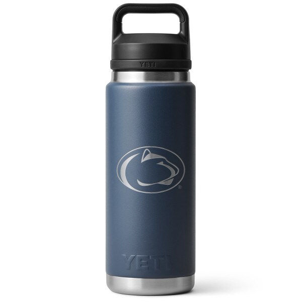 Yeti Rambler 26oz navy bottle with chug cap and engraved Penn State Athletic Logo